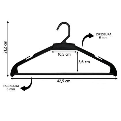 Imagem de Kit 100 Cabides Preto Polipropileno 42cm Para Calça Saia Blusas Adulto Atacado Reforçado