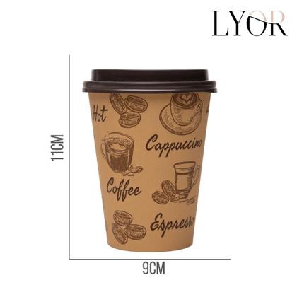 Imagem de Kit 100 Copos de Café Descartável Papel 300ml Biodegradável Marrom com Tampa Lyor