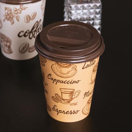 Imagem de Kit 100 Copos de Café Descartável Papel 300ml Biodegradável Marrom com Tampa Lyor