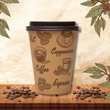 Imagem de Kit 100 Copos de Café Descartável Papel 300ml Biodegradável Marrom com Tampa Lyor