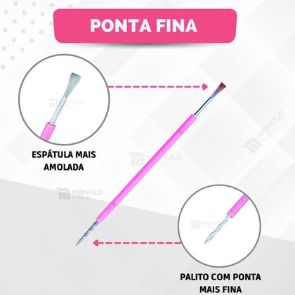 Imagem de Kit 100 Mini Lixa Unha + 5 Espátula Mista Cutícula Manicure Cutelaria Silicone Rosa Empurrador Palito Aço Inox