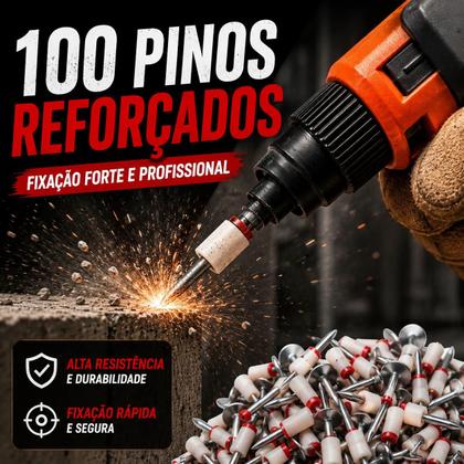 Imagem de Kit 100 Pinos Reforçados com Arruela para Pistola de Fixação Finca Pino Drywall Gesso Uso Profissional Construção