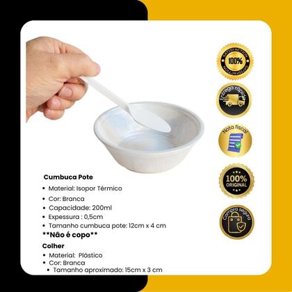 Imagem de Kit 100 Potes Cumbuca Isopor 200ml +Colheres p/ sopas Festa