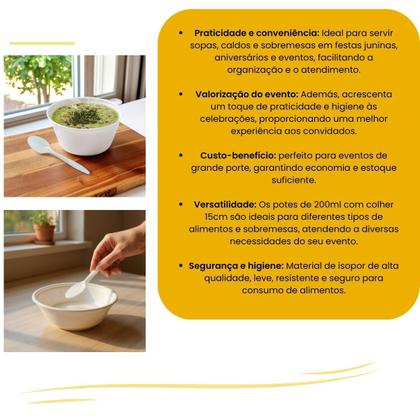 Imagem de Kit 100 Potes Cumbuca Isopor 200ml +Colheres p/ sopas Festa