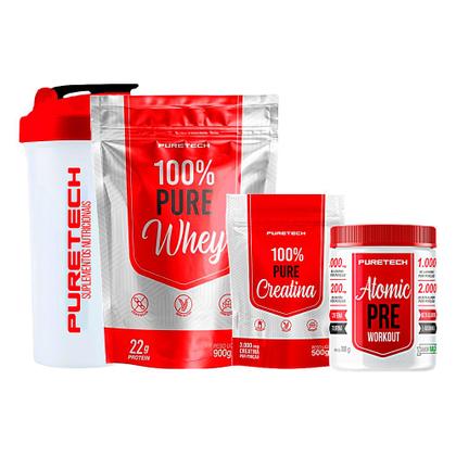 Imagem de Kit 100% Pure Whey 900g + Atomic Pré-Workout 300g + Creatina 100% Pure 500g + Coqueteleira 700ml - PURETECH