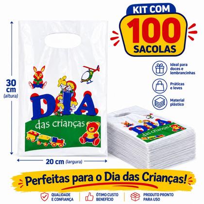 Imagem de Kit 100 Sacolas Plástica Branca Dia das Crianças 30x20cm