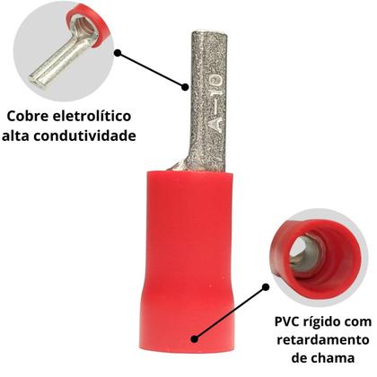Imagem de Kit 100 Unidades Terminal Tipo Agulha Conector Tubular Elétrico Pino Pré Isolado Cabo 10mm Vermelho