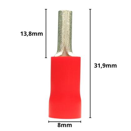 Imagem de Kit 100 Unidades Terminal Tipo Agulha Conector Tubular Elétrico Pino Pré Isolado Cabo 10mm Vermelho