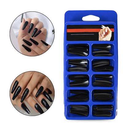 Imagem de Kit 100 Unidades Unha Postiça Bailarina Realista Preta Lisa Manicure Nail Designer Unhas Decoradas Nail Art