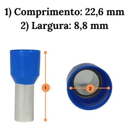 Imagem de Kit 100un Conector P Fiação Ilhós Tubular Elétrico Azul 16mm Terminal Simples Pré Isolado Instalação Tubolar Fiação