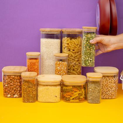 Imagem de Kit 11 potes de vidro com tampa de bambu herméticos quadrados - Tüd