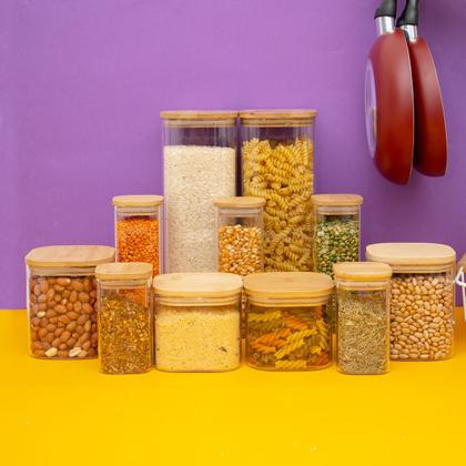 Imagem de Kit 11 potes de vidro com tampa de bambu herméticos quadrados - Tüd
