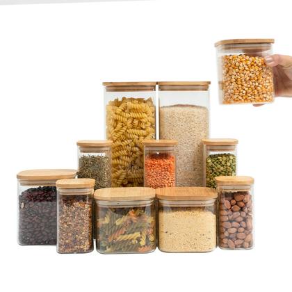 Imagem de Kit 11 potes de vidro com tampa de bambu herméticos quadrados - Tüd