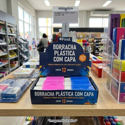 Imagem de Kit 12 Borrachas Escolares Grandes com Capa Coloridas em Pote Apagar Lápis Material Escolar