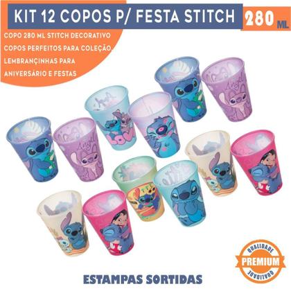 Imagem de Kit 12 copos Stitch 280 ml para lembrancinhas de aniversário colecionável reutilizável resistente