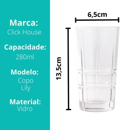 Imagem de Kit 12 Copos Vidro Transparente Long Drink Água Bebidas 280ml Lily