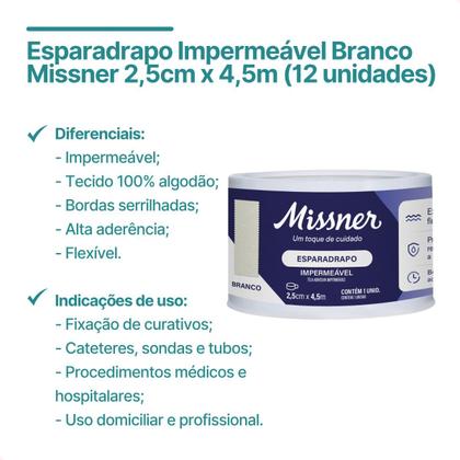 Imagem de Kit 12 - Esparadrapo Impermeável Branco Missner 2,5cm x 4,5m