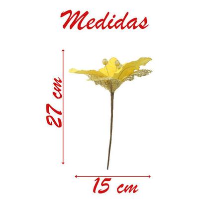 Imagem de Kit 12 Flores Com Cabo Artificial Decoração De Natal Com Glitter 27cm