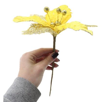 Imagem de Kit 12 Flores Com Cabo Artificial Decoração De Natal Com Glitter 27cm