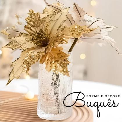 Imagem de Kit 12 Flores Enfeite Dourado Árvore de Natal Com Glitter