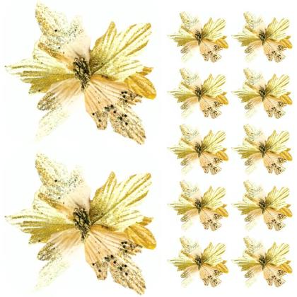 Imagem de Kit 12 Flores Enfeite Dourado Árvore de Natal Com Glitter