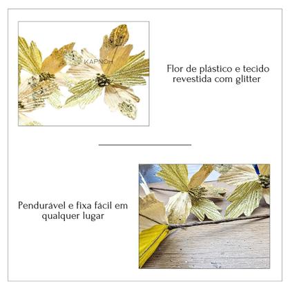 Imagem de Kit 12 Flores Enfeite Dourado Árvore de Natal Com Glitter