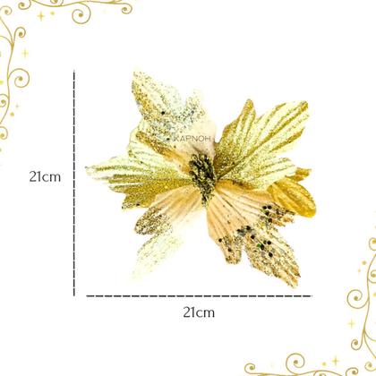 Imagem de Kit 12 Flores Enfeite Dourado Árvore de Natal Com Glitter