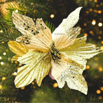 Imagem de Kit 12 Flores Enfeite Dourado Árvore de Natal Com Glitter