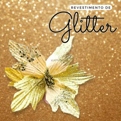 Imagem de Kit 12 Flores Enfeite Dourado Árvore de Natal Com Glitter