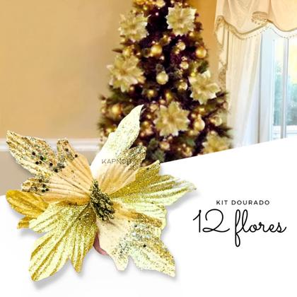 Imagem de Kit 12 Flores Enfeite Dourado Árvore de Natal Com Glitter