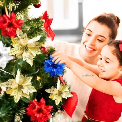 Imagem de Kit 12 Flores Enfeite Dourado Árvore de Natal Com Glitter