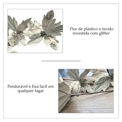 Imagem de Kit 12 Flores Prata Com Glitter Enfeite Natalino Árvore Luxo