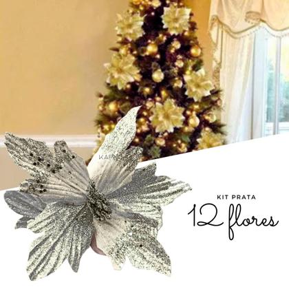 Imagem de Kit 12 Flores Prata Com Glitter Enfeite Natalino Árvore Luxo
