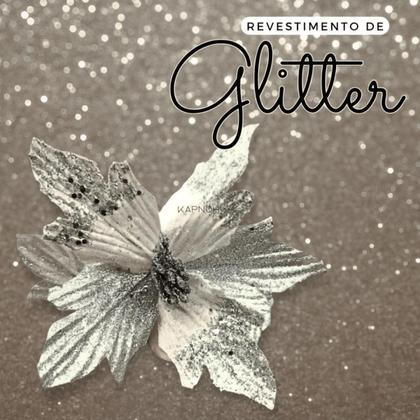Imagem de Kit 12 Flores Prata Com Glitter Enfeite Natalino Árvore Luxo