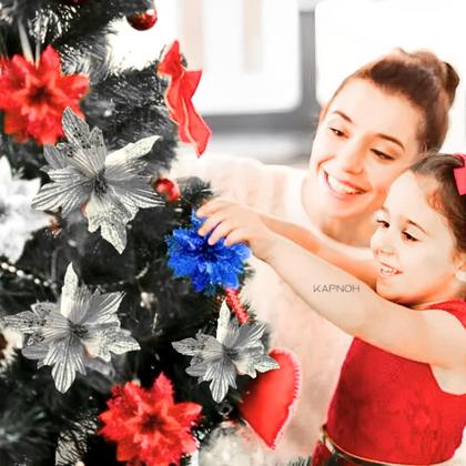 Imagem de Kit 12 Flores Prata Com Glitter Enfeite Natalino Árvore Luxo