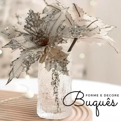 Imagem de Kit 12 Flores Prata Com Glitter Enfeite Natalino Árvore Luxo