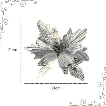 Imagem de Kit 12 Flores Prata Com Glitter Enfeite Natalino Árvore Luxo