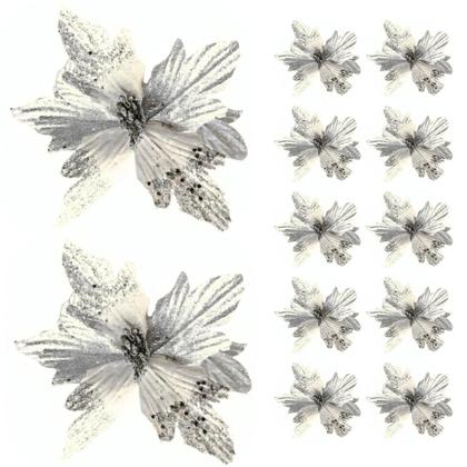 Imagem de Kit 12 Flores Prata Com Glitter Enfeite Natalino Árvore Luxo