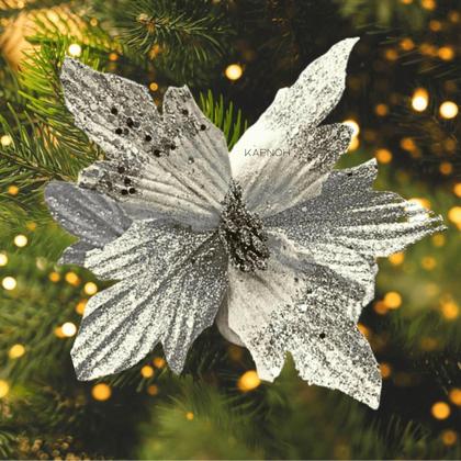 Imagem de Kit 12 Flores Prata Com Glitter Enfeite Natalino Árvore Luxo