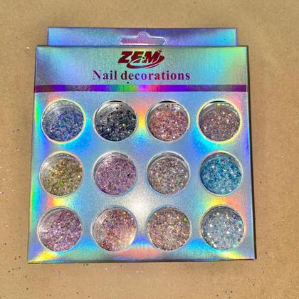 Imagem de Kit 12 Glitter Flocado Para Unhas Lantejoulas Encapsulada Nails Decoração HM-0648 COM PRATA, DOURADO E PRETO