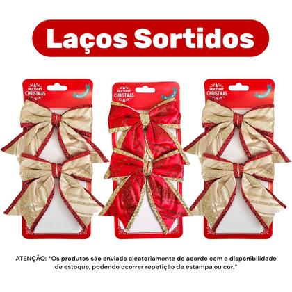 Imagem de Kit 12 Laços Natalino Vermelho Dourado Enfeite Arvore Natal