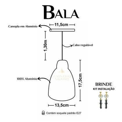 Imagem de Kit 12 Luminária Pendente Bala Com Interior Branco Com Fiação 110/220v