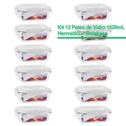 Imagem de Kit 12 Marmita De Vidro 1520Ml C/ Tampa Hermética Retangular