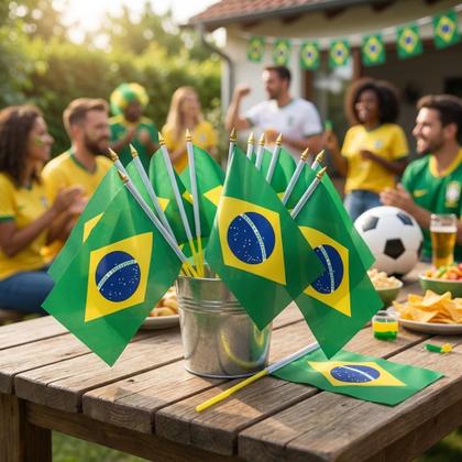Imagem de Kit 12 Mini Bandeiras do Brasil C/ Haste Mão Torcida Festa