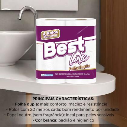 Imagem de Kit 12 Pacotes Papel Higiênico Best Lite Folha Dupla Neutro 20m com 4 Rolos