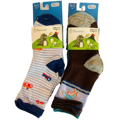 Imagem de Kit 12 Pares de Meia Infantil Menino Cano Longo 6-8 anos Cores e Estampas Sortidas