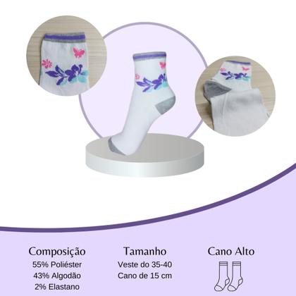 Imagem de Kit 12 Pares Meia Feminina Cano Médio Adulto Sortida Estampadas