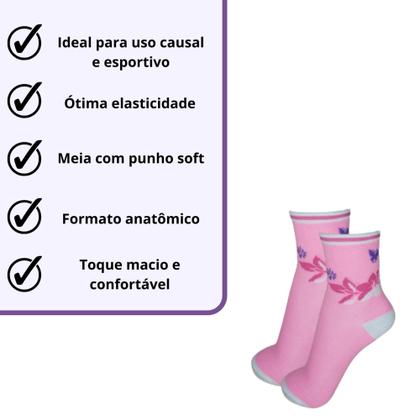 Imagem de Kit 12 Pares Meia Feminina Cano Médio Adulto Sortida Estampadas