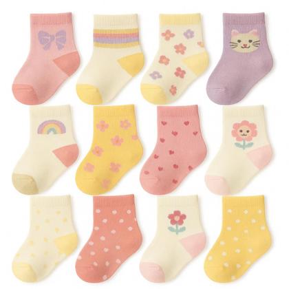 Imagem de Kit 12 Pares Meia Infantil Menina Estampas Com desenhos Divertidos Confortável