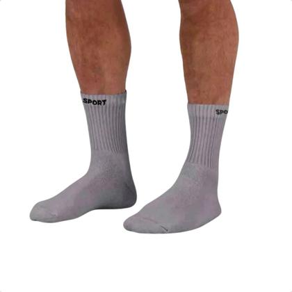 Imagem de kit 12 pares Meia masculina  cano alto longo Sport preta, cinza e branco confortavel